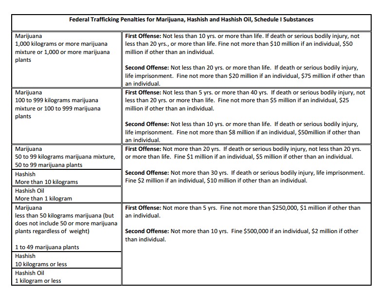 Federal Trafficking Penalties for Marjuana, Hashish and Hashish Oil, Schedule I Substances