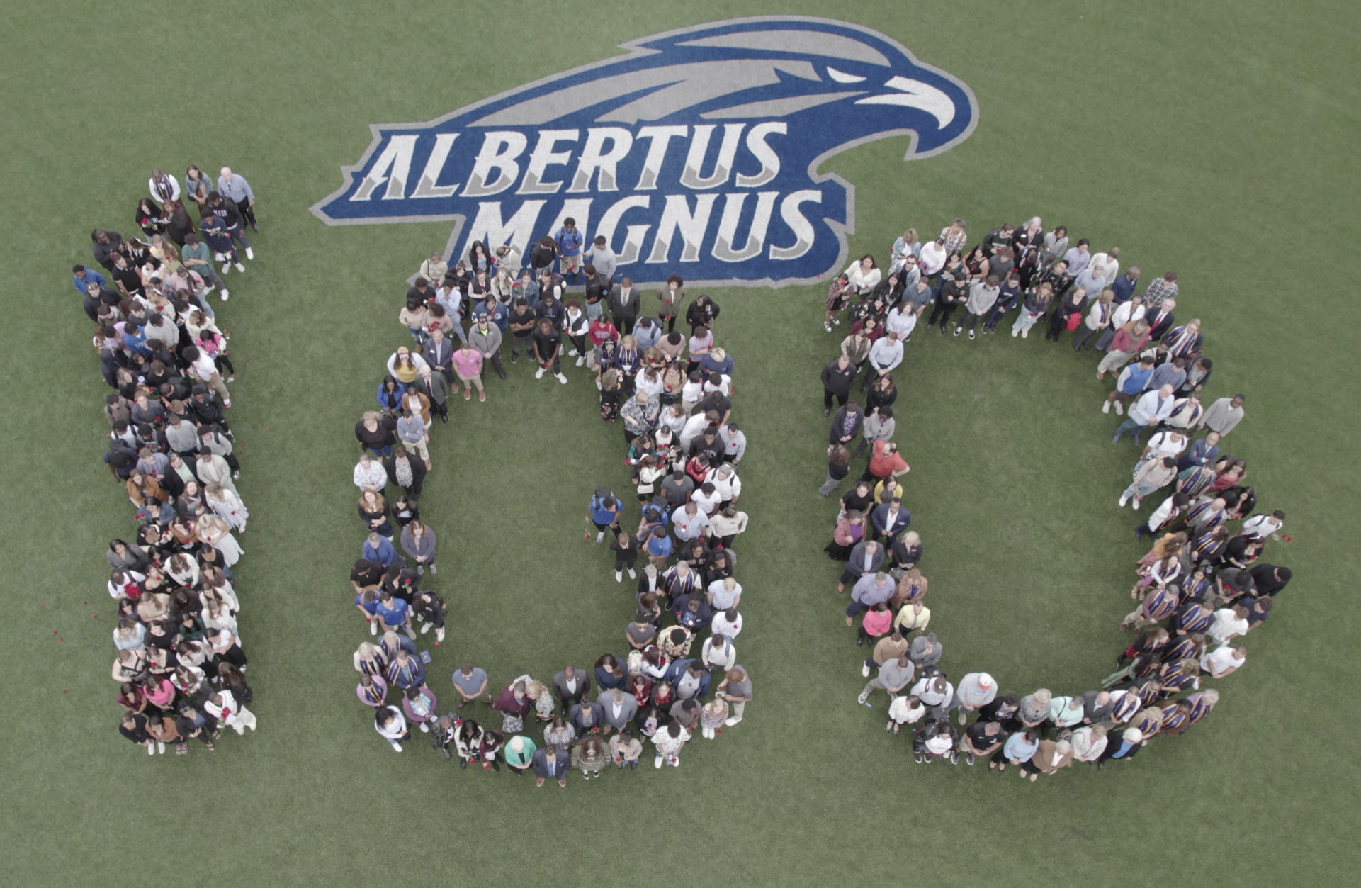 Student group aerial photo for 100 year celebration