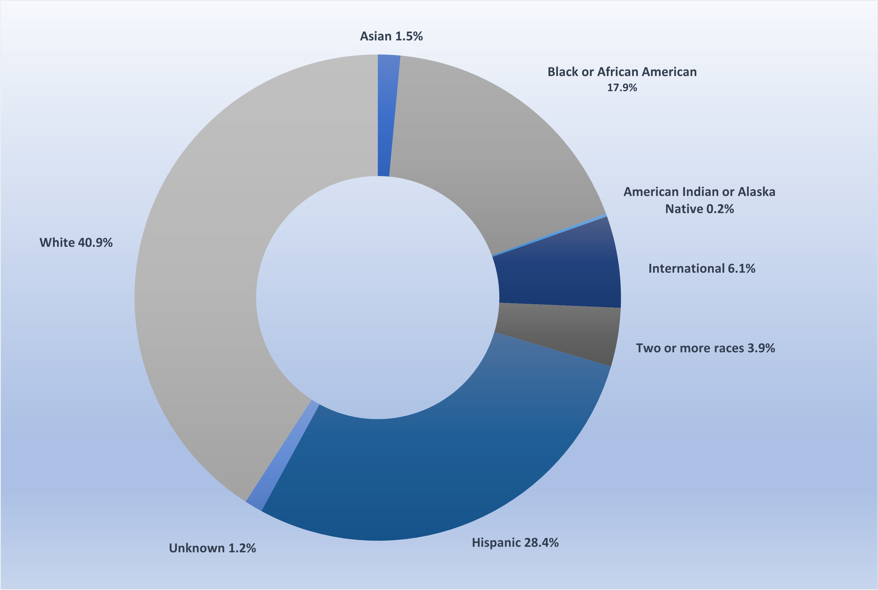 statistics graph American Indian or Alaska Native 0.2%, Asian 1.5%,Black or African American 17.9%,Hispanic 28.4%,Two or more races 3.9%,White 40.9%, International 6.1%, Unknown 1.2%
