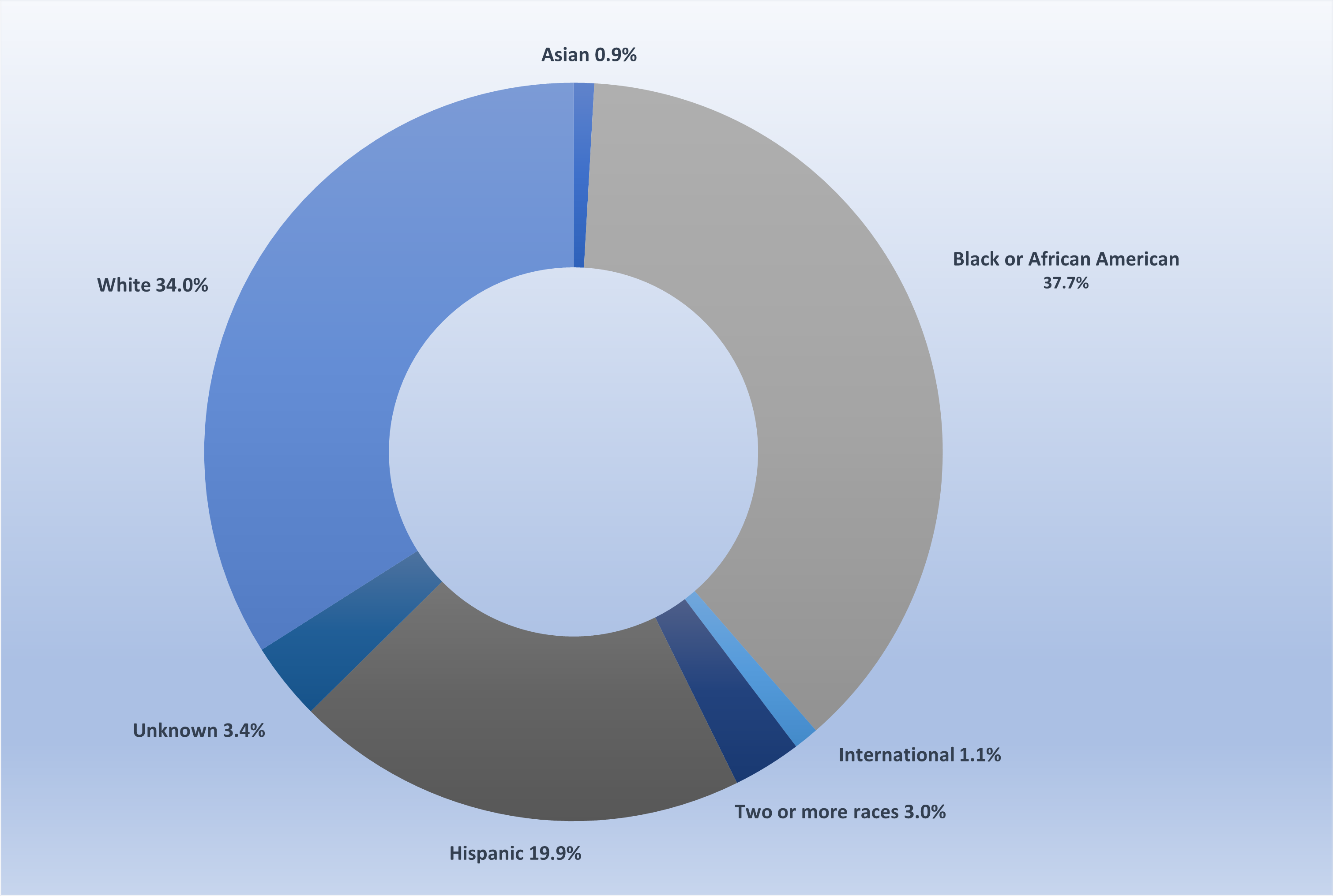 statistics graph American Indian or Alaska Native 0.49%, Asian 1.32%,Black or African American 20.72%,Hispanic 24.84%,Two or more races 2.47%,White 41.12%, International 5.43%, Unknown 3.62%